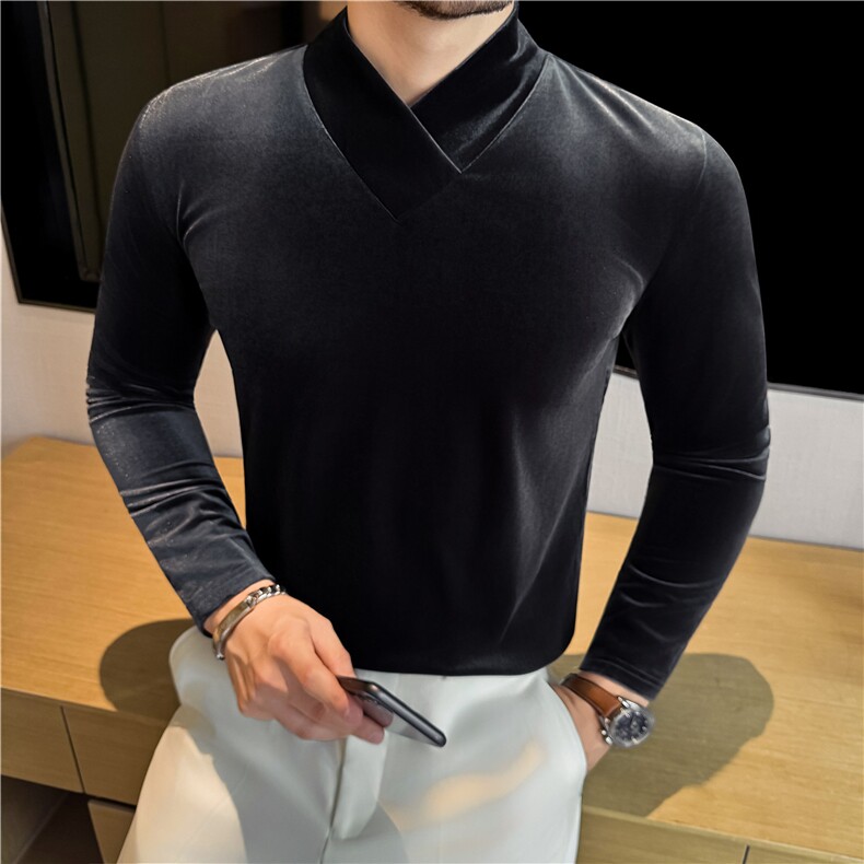 秋冬个性V领设计感亮面丝绒打底T恤衫男厚款绒面帅气潮T7926-P43,男装T恤,电商A213