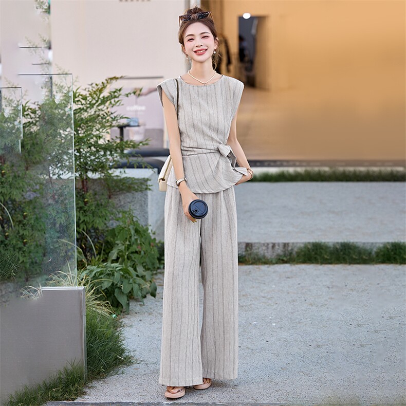 2025夏季新款时尚高级感条纹无袖气质系带收腰上衣阔腿裤套装女,女装套装/套裙,尚娜萱