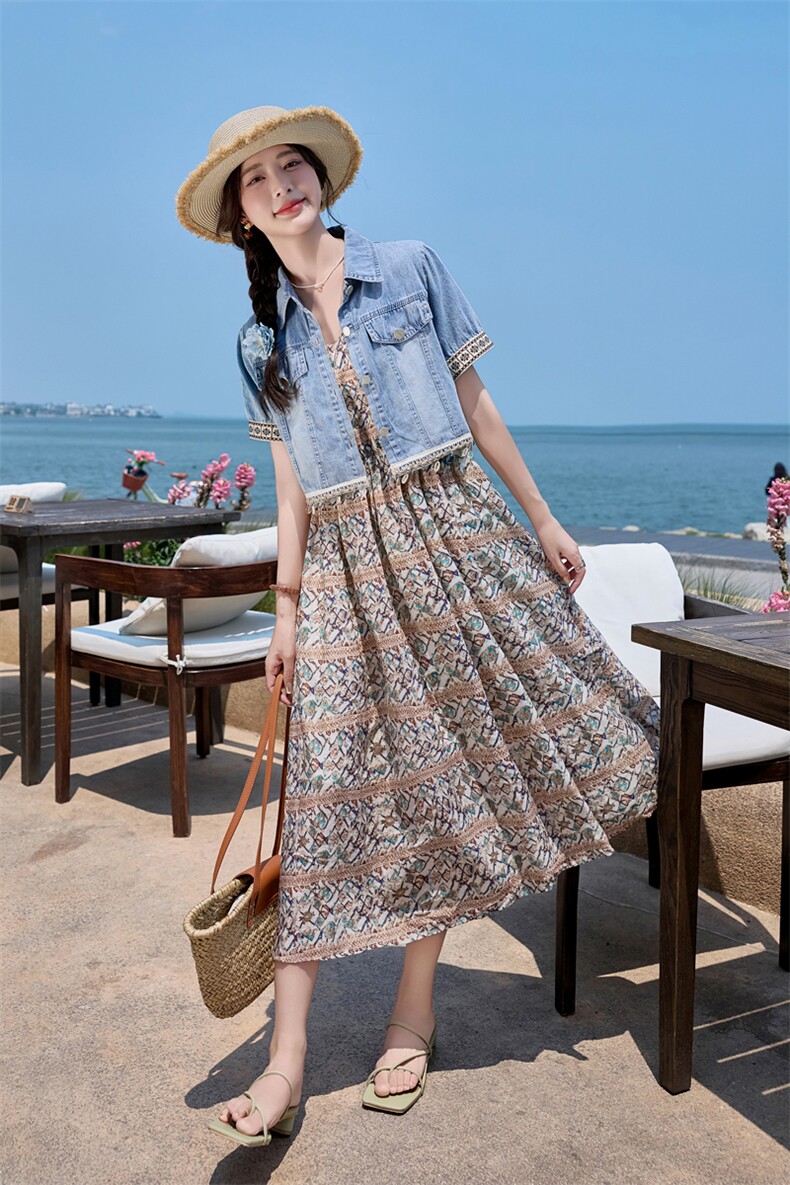 2025夏季新款现货花边连衣裙配牛仔两件套2C056-9507-P155-K218,女装连衣裙,2C256