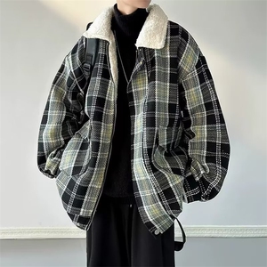 羊羔毛绒棉衣外套男潮牌宽松百搭秋冬加厚小香风格子情侣棉服图片
