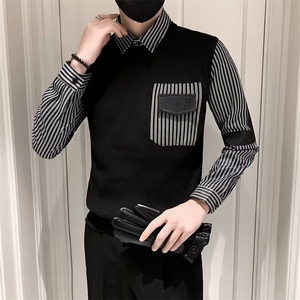 冬季衬衫领毛衣男士假两件针织衫条纹拼接宽松潮流打底 Q141图片