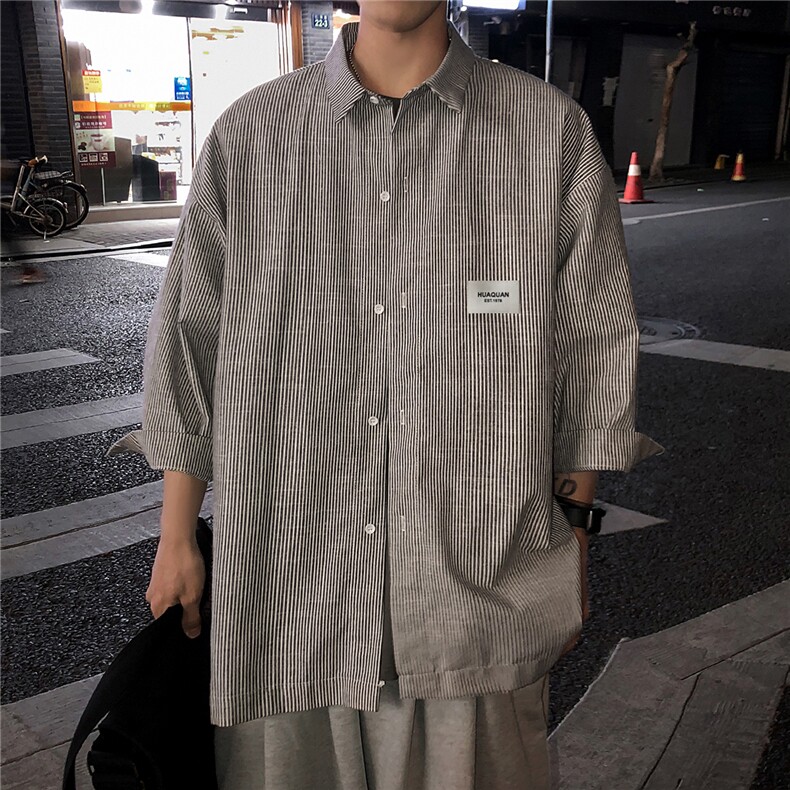 2026夏装新款条纹绣标短袖五分袖衬衫潮男衬衣CS8090/P40黑色,男装T恤,电商A094