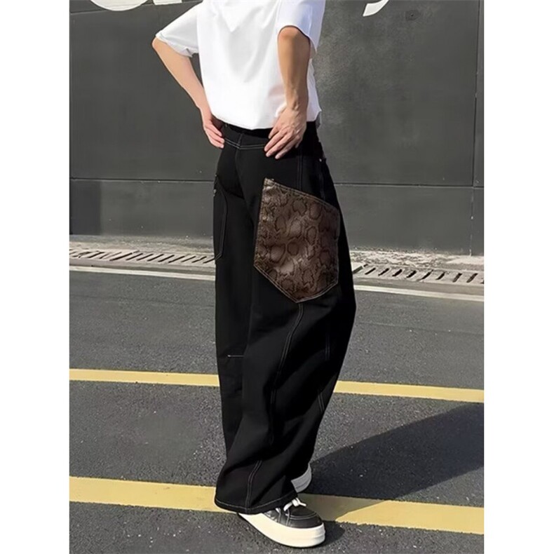 弯刀蟒黑色牛仔裤阔腿男女裤子直筒休闲裤大口袋N895,男装牛仔裤,星座1116A（原606A-3）