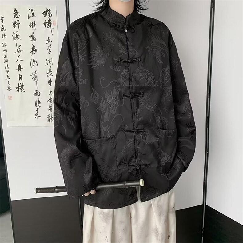 新中式龙纹盘扣唐装衬衫男风高级感潮牌宽松冰丝休闲立领衬衣,男装衬衫,星座601-2