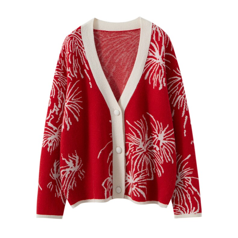 重工提花2025秋冬新款宽松山羊绒开衫女加厚羊毛减龄毛衣外套红色，女装针织衫/毛衣，艾森羊绒