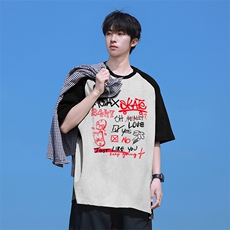 抖音得物高品质二开240克宽松纯棉美式潮牌插肩袖拼接短袖T恤，男装T恤，电商A486