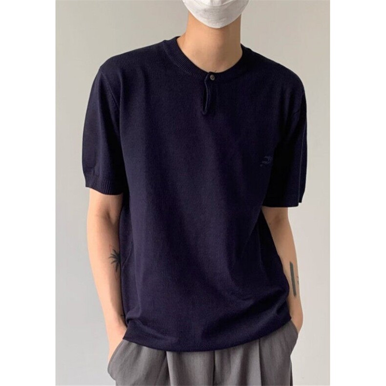 韩版设计感亨利领领短袖针织衫男复古合身刺绣短袖上衣T301,男装T恤,星座1116A（原606A-3）