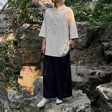 新中式风大码24夏季新款男小立领中袖上衣棉麻MT2301-P45-控68，男装衬衫，电商A021