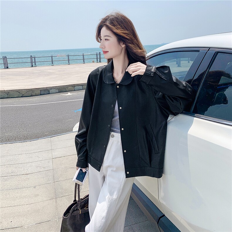 美式复古娃娃领皮衣外套女秋季2025新款黑色甜酷风简约皮夹克上衣,女装皮衣,2C217