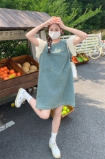 设计感气质泡泡拼接假两件牛仔连衣裙女2024夏季新款小个子中长裙，女装连衣裙，2C292