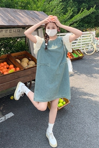设计感气质泡泡拼接假两件牛仔连衣裙女2024夏季新款小个子中长裙图片