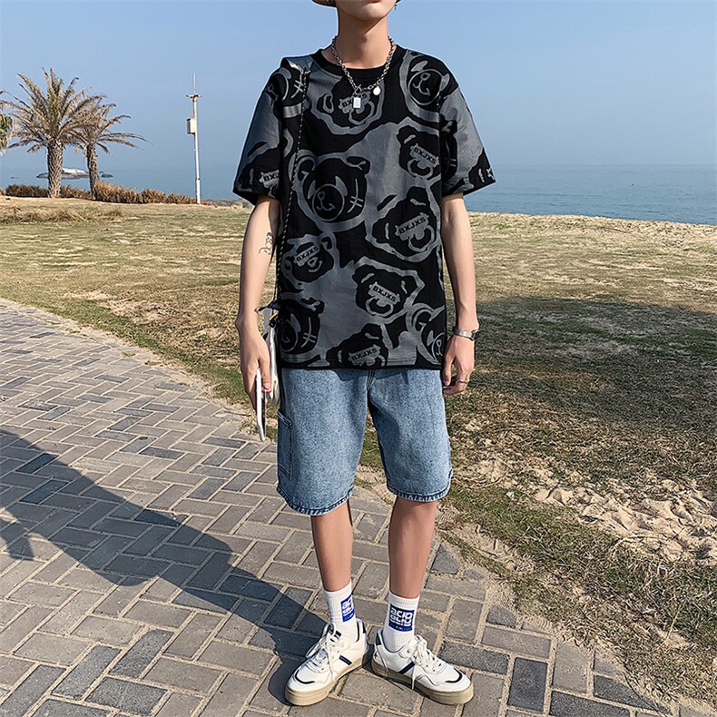 港风小熊印花短袖T恤男大码宽松百搭潮流短袖T恤T129P35控49，男装T恤，电商A089-1