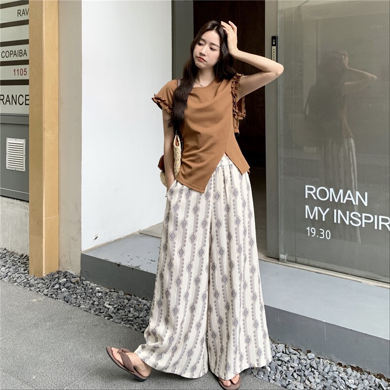 时髦木耳边拼接开叉T恤两件套女2025韩系简约印花直筒阔腿裤套装，女装套装/套裙，秋水欣儿