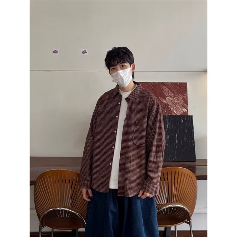 1506/Q30750/P46日系复古格子衬衫男女春秋上衣通勤衬衣外套潮,男装衬衫,星座1506