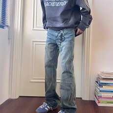 猫须竹节纹水洗蓝色牛仔裤男款休闲百搭宽松直筒微喇长裤NZA263，男装牛仔裤，星座516A