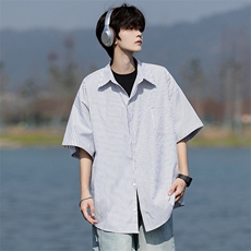 8XL-M条纹短袖衬衫男夏季宽松慵懒风痞帅大码衬衣外套DC28001P40，男装衬衫，电商B312