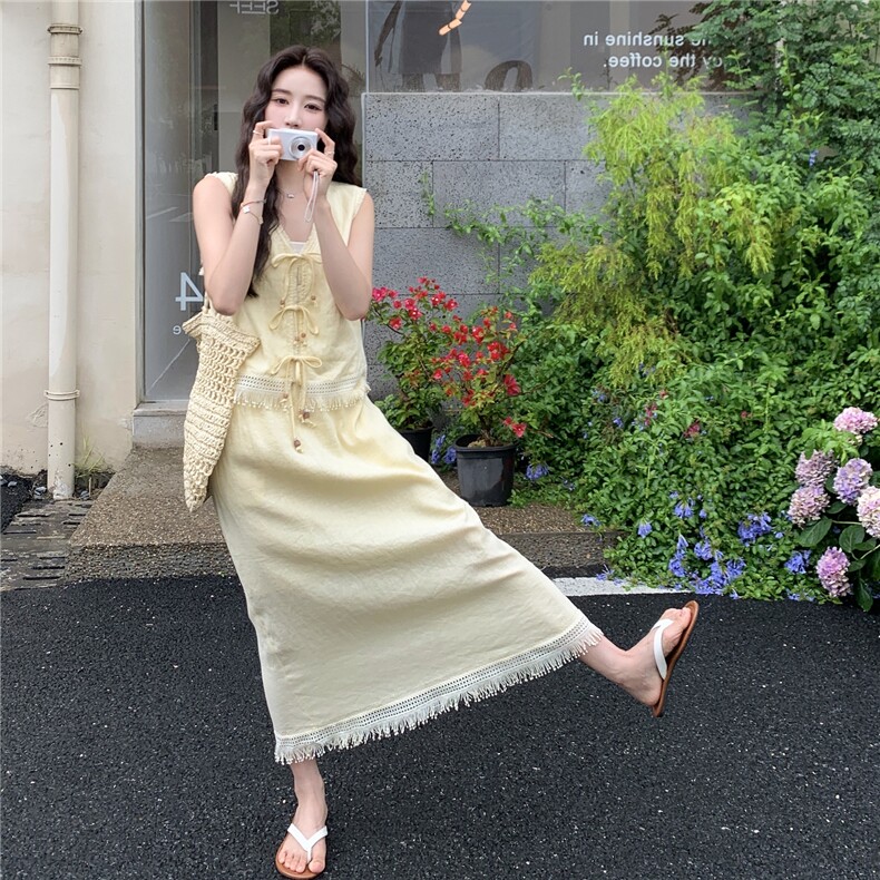法式流苏黄色背心半身裙套装女夏2025新款两件套减龄搭配绝美俏皮,女装套装/套裙,2C212