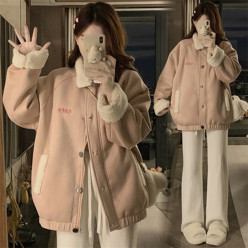 C941-P125羊羔毛外套冬加厚保暖学院风宽松百搭羊羔绒棉衣棉服潮图片