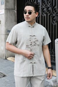 M-7XL夏季男式短袖唐装中国风亚麻爸爸棉麻衬衫加肥大码1809图片