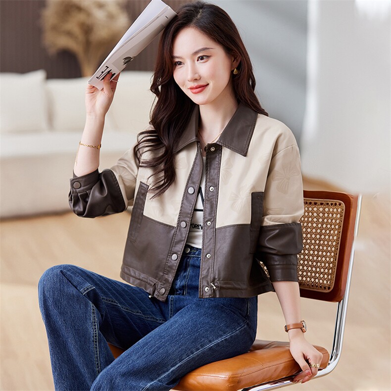 PU皮衣外套女2023年新款春秋款今年流行设计感小个子短款翻领上衣,女装皮衣,江南女神