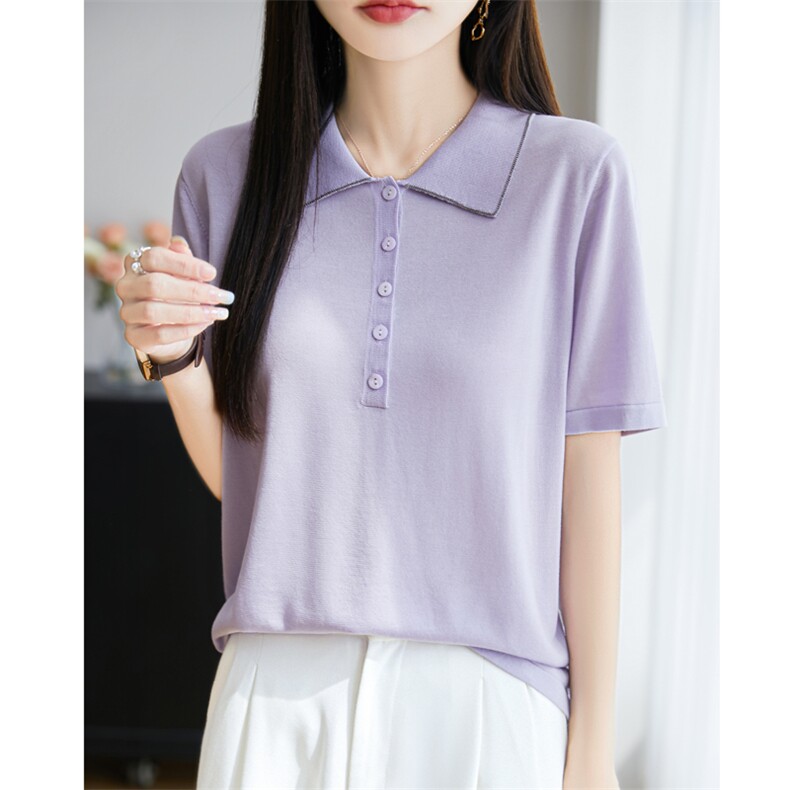 天丝polo衫女2025夏季宽松烫钻薄款正肩短袖翻领针织衫上衣t恤新,女装T恤,昭美羊绒