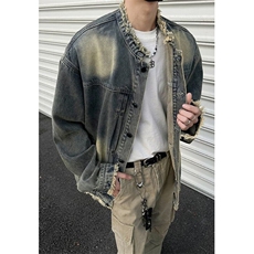 复古泥染做旧毛边牛仔外套男春秋季小众水洗宽松翻领夹克J3562，男装夹克，星座1116A-1（原606A）