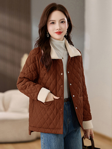 羊羔毛拼接棉衣棉服女2024冬新款休闲百搭菱格夹棉外套洋气小棉袄图片