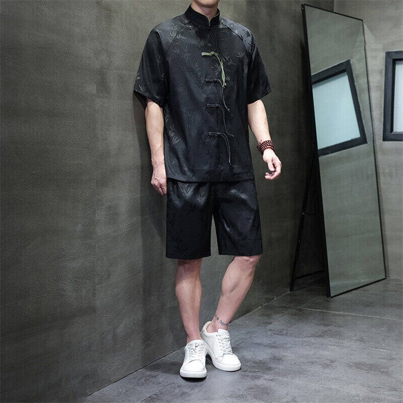 夏季新中式风竹叶提花插肩袖手工盘扣短袖宽松中裤短裤两件套装,男装休闲套装,星座305A（原312A-1）