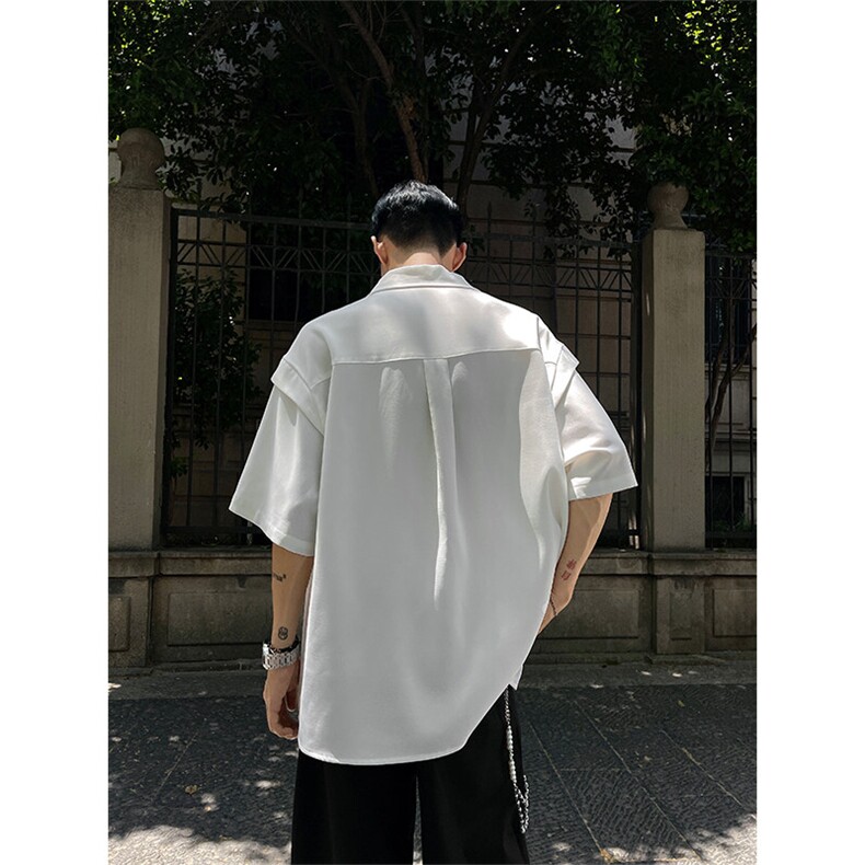 CS6019-P40控68夏季褶皱拼接短袖男宽松潮流冰丝衬衫,男装衬衫,电商A058-1（原电商C417）