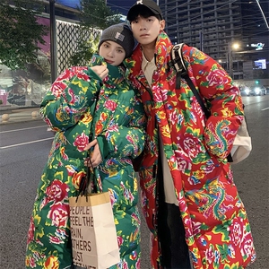 A3长款棉衣外套东北大花风汉服男女宽松保暖防寒棉袄潮情侣装图片