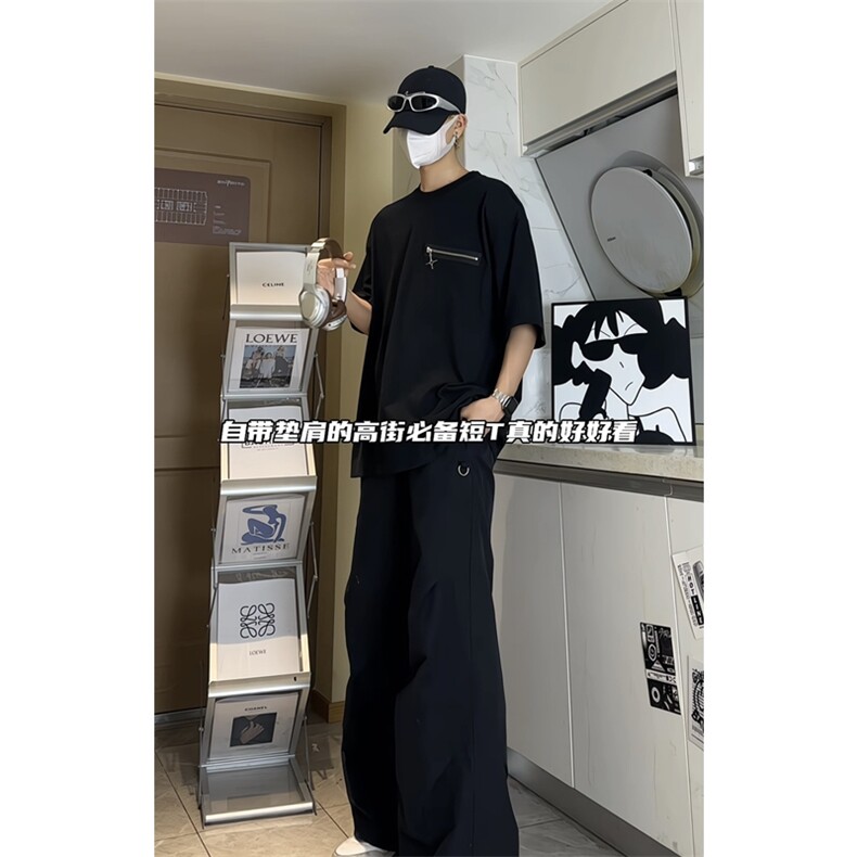 四芒星拉链设计感T恤300g重磅小领口纯棉短袖T2439-TP33-控58,男装T恤,星座1213