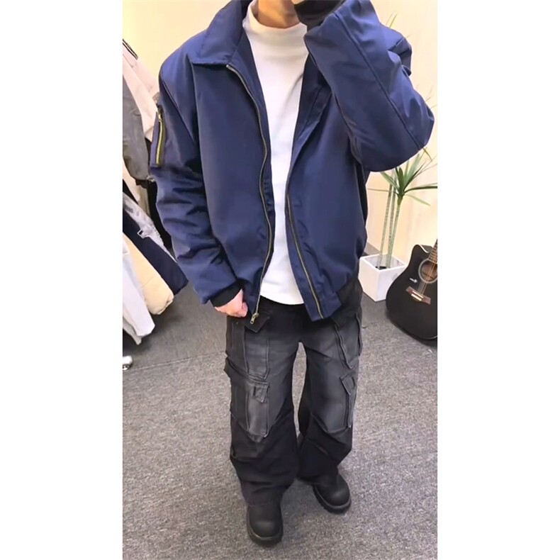 美式高街复古老钱风薄款夹克冲锋衣男女纯色休闲宽松boxy飞行外套,男装夹克,电商A443