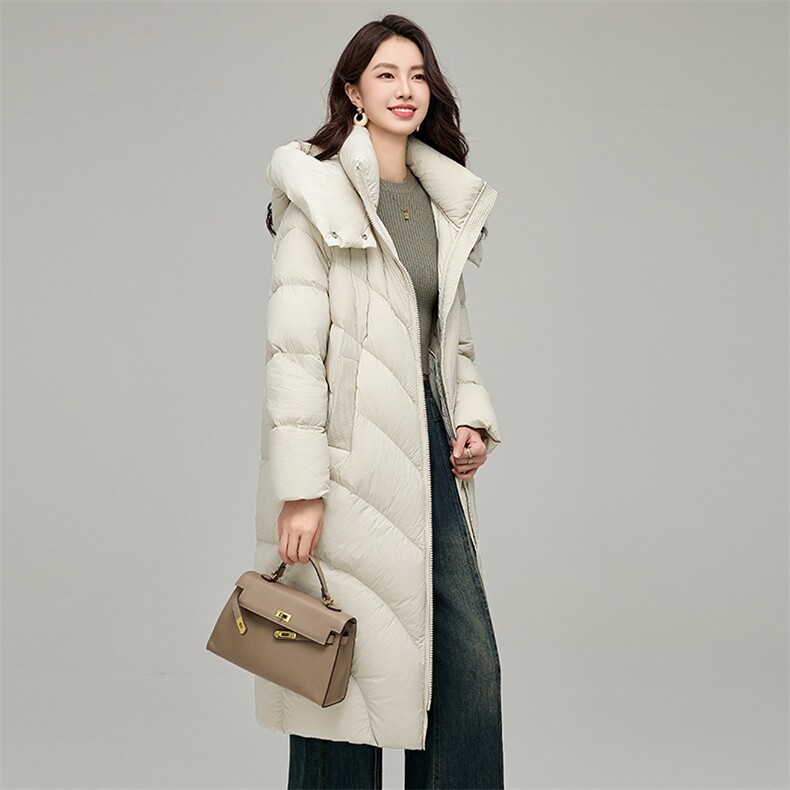 长款御寒连帽羽绒服女冬季加厚简约百搭保暖90白鸭绒外套,女装羽绒服,阿舍尔精品
