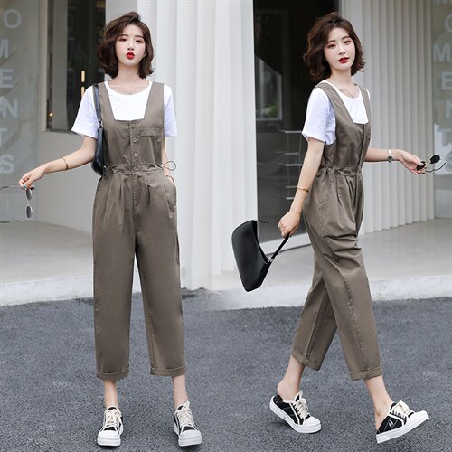 工装连体裤女2022年夏季甜酷薄款连衣裤纯色T恤两件套时尚百搭,女装连体裤,梦懿尔
