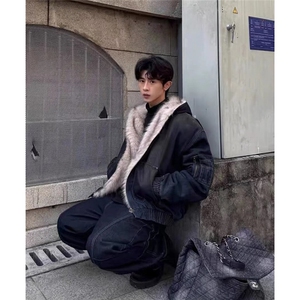 美式连帽牛仔棉服男女水洗重磅座山雕毛领复古加绒加厚夹克外套潮图片