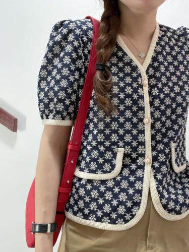 刺绣麻棉珍珠扣开衫，女装，新袖