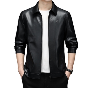 冬季纯色翻领上衣男装中年商务休闲皮衣男士新款宽松免烫外套图片