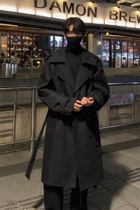 卡其色知识分子风衣男秋冬高级感中长款外套英伦雅痞男装教父大衣图片