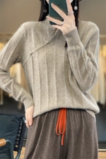 镂空立领盘扣长袖纯色2024年秋季简约羊毛衫，女装羊毛衫，羿纯羊绒