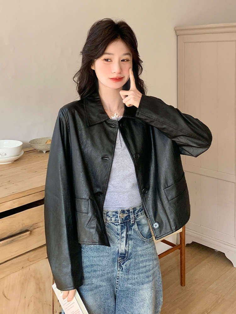 甜酷复古PU皮衣外套女2025早春新款黑色小翻领蛋白皮小个子上衣,女装皮衣,浙宝285（原212）