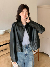 甜酷复古PU皮衣外套女2025早春新款黑色小翻领蛋白皮小个子上衣，女装皮衣，浙宝285（原212）
