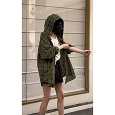 连帽格子长袖衬衫男女宽松衬衣防晒外套美式复古C2238-特价P35，男装防晒衣，电商A007