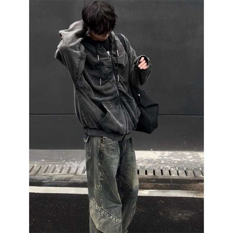 美式复古黄泥色牛仔裤潮牌不规则裤子直筒微喇裤NZ12特P58,男装牛仔裤,星座908-1
