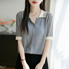 夏新款女士撞色翻领短袖开衫时尚薄款半袖Polo衫休闲夏装内搭上衣，女装针织衫/毛衣，唐诺