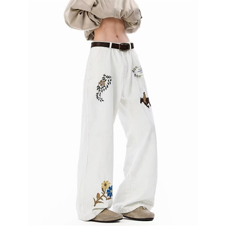 新中式花卉刺绣休闲裤男女2025夏季新款时尚潮牌宽松直筒阔腿长裤，男装休闲裤，星座516A