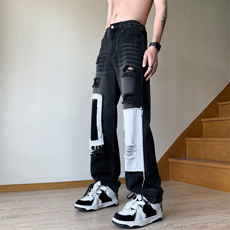 B221美式ins高街小众个性拼接宽松破洞牛仔裤LK23099-P65控88,男装牛仔裤,电商B221