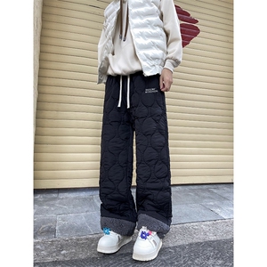 加绒加厚冬加棉拼接羊羔绒棉裤女菱格刺绣夹棉保暖长裤H0054 P48图片