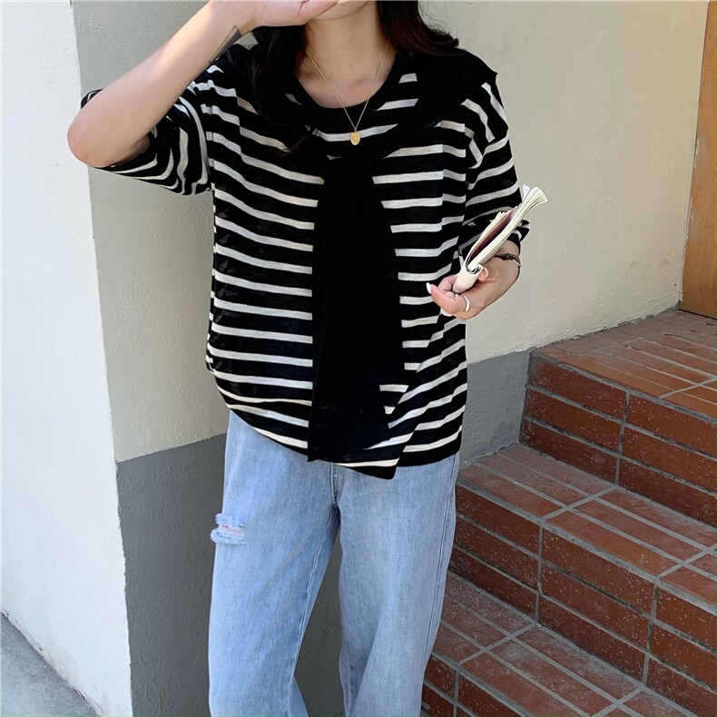 夏季新款简约条纹短袖针织衫女宽松休闲上衣,针织衫/毛衣,伟祺羊绒