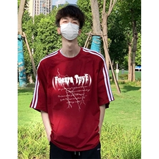 抖音得物高品质二开240克宽松纯棉美式潮牌三条杠织带短袖T恤，男装T恤，电商A486-1