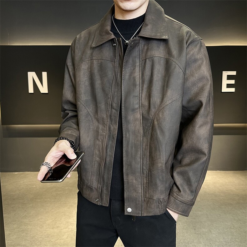 秋翻领新款PU皮衣夹克男春秋美式复古宽松美拉德老钱风P815-P160,男装皮衣,电商A237